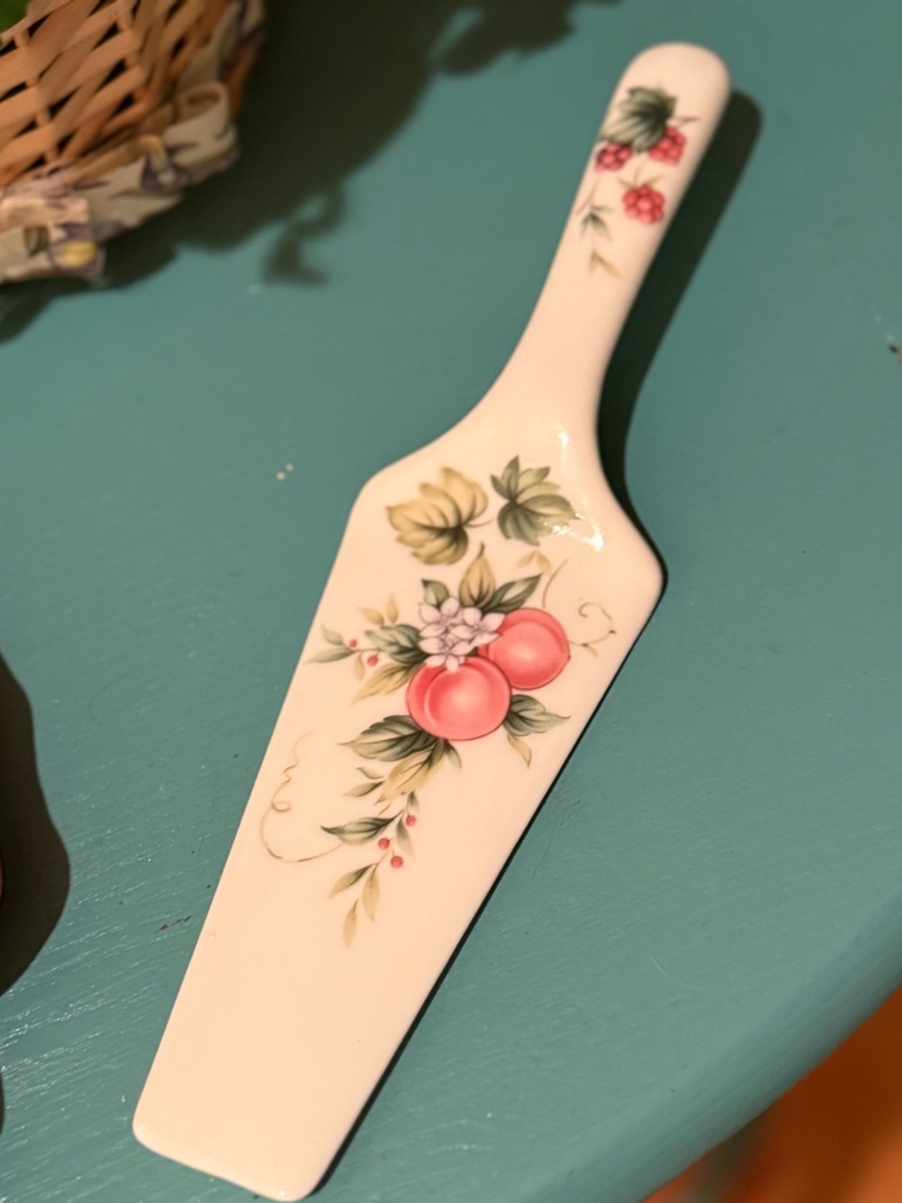 Andrea By Sadek Porcelain Cake Server with Pink Fruit Floral Motif